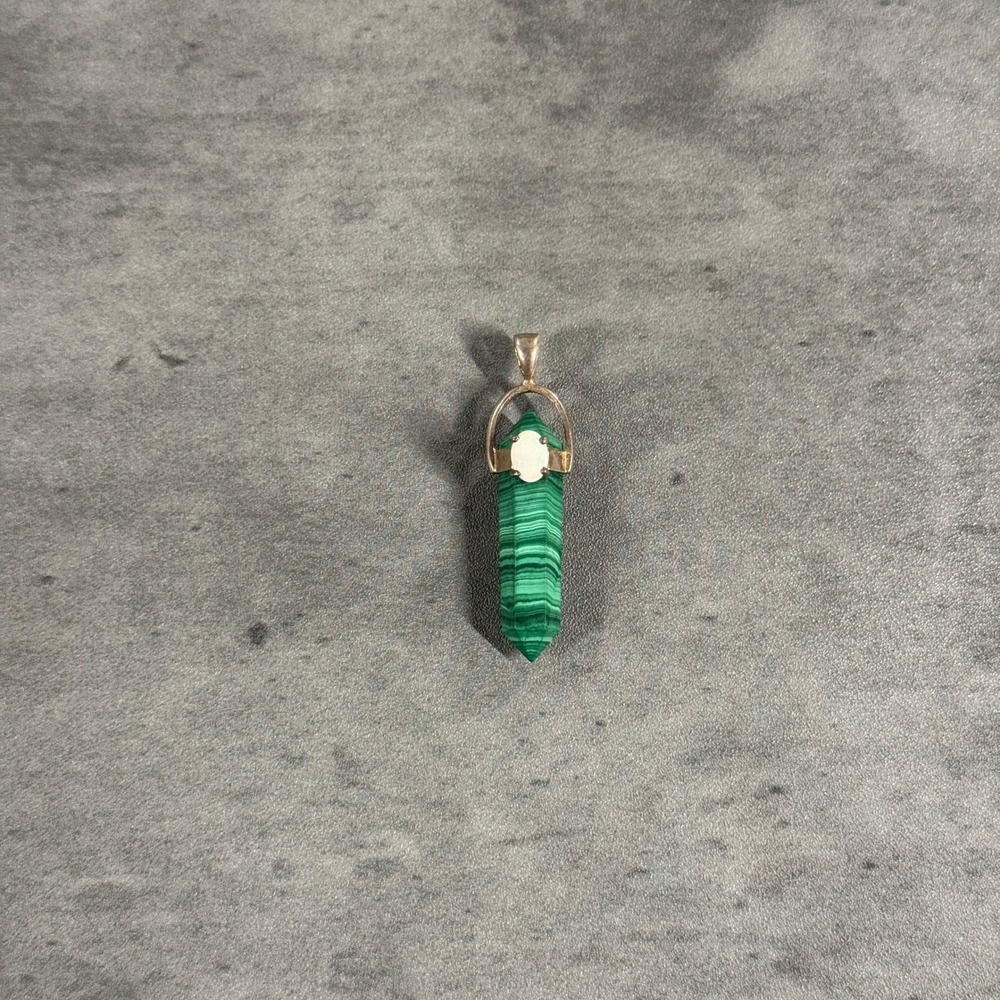 Vintage 925 Sterling Silver Malachite Pendant Hexagonal Point Green Charm